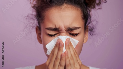 Young woman with closed eyes holding a white tissue to her nose showing a sense of discomfort or distress against a soft purple background.