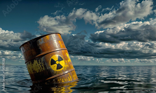 Yellow barrels, depicting radioactive biohazard waste, float on the sea surface, illustrating a nuclear waste pollution concept in seawater