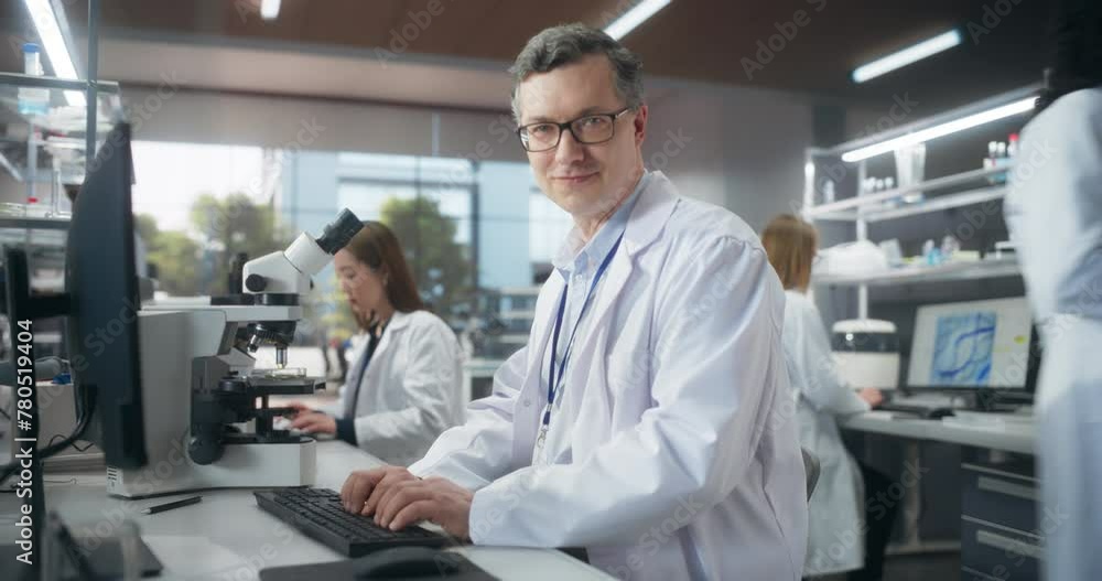 Medical Research Scientist Looking at Biological Samples Under a Microscope in an Applied Science Laboratory. Portrait of a Handsome Lab Engineer in White Coat Looking at Camera and Smiling Medical Research Scientist Looking at Biological Samples Under a Microscope in an Applied Science Laboratory. Portrait of a Handsome Lab Engineer in White Coat Looking at Camera and Smiling