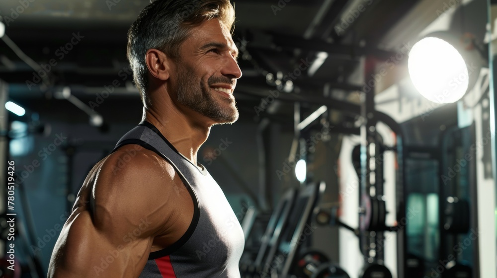 Smiling man in gym muscular tank top gym equipment blurred background bright light confident happy fit healthy exercise fitness gym attire modern clean well-lit gym environment. Smiling man in gym muscular tank top gym equipment blurred background bright light confident happy fit healthy exercise fitness gym attire modern clean well-lit gym environment.