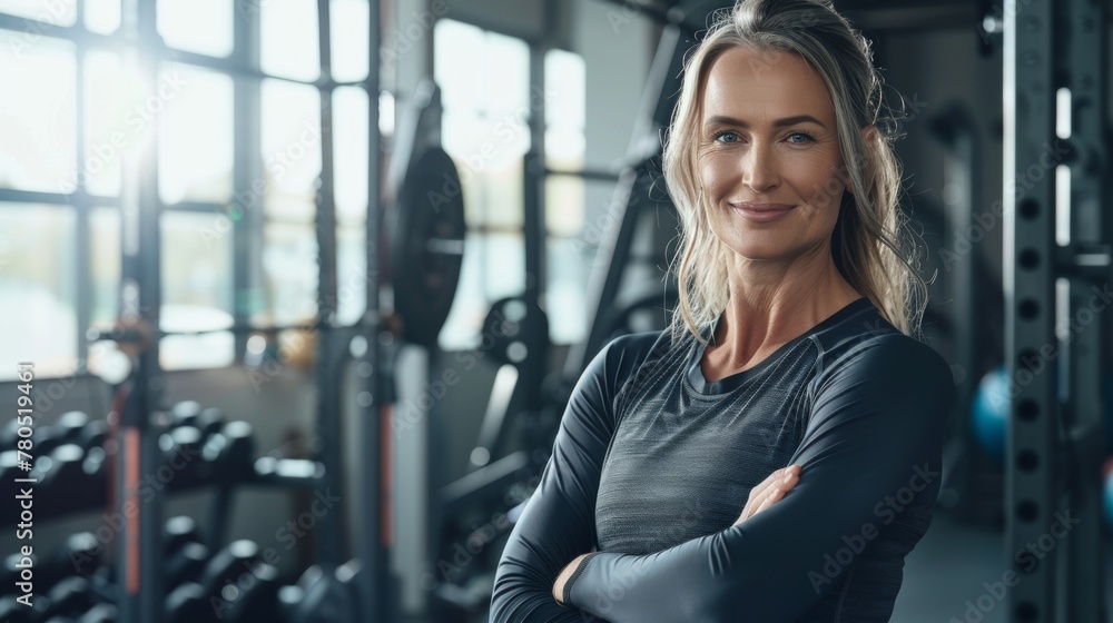 Obraz premium A woman with blonde hair wearing a black athletic top standing confidently in a gym with her arms crossed smiling at the camera.