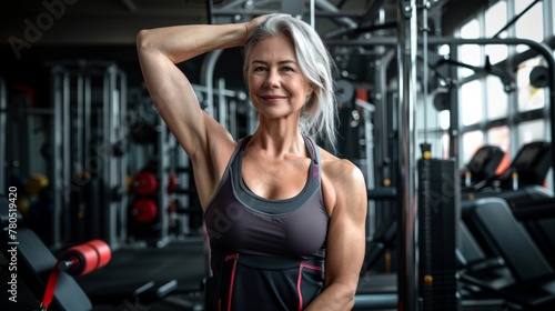 A woman in a gym smiling with her arm raised showcasing her muscular bicep.