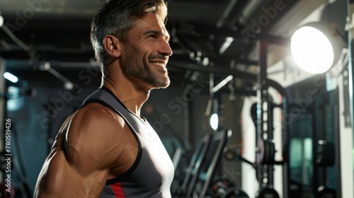 Smiling man in gym muscular tank top gym equipment blurred background bright light confident happy fit healthy exercise fitness gym attire modern clean well-lit gym environment.
