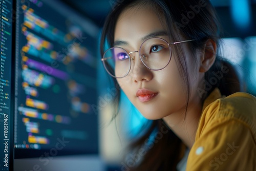 Young East Asian Woman Focused on Coding and Software Development