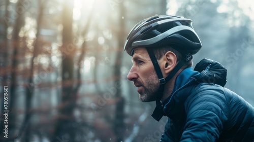 A man with a beard wearing a black helmet and a blue jacket riding a bicycle through a misty forest. © iuricazac