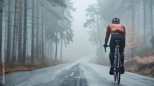 A cyclist in an orange jacket and black pants riding a bicycle on a foggy tree-lined road. © iuricazac