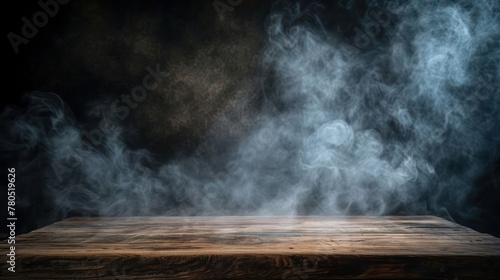 Fog In Darkness Smoke And Mist On Wooden Table Abstract And Defocused Halloween Backdrop