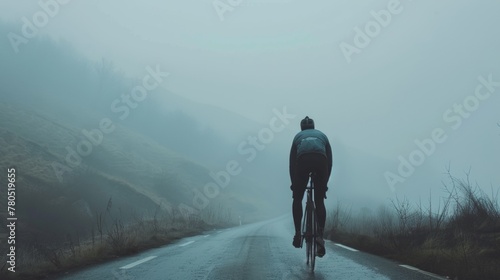 A lone cyclist pedaling down a foggy mountain road with a backpack in a serene misty landscape.