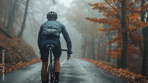 A cyclist in a blue jacket and black helmet riding a bicycle on a foggy leaf-covered road with autumn trees in the background.