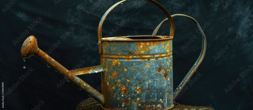 A photo of an old, rusty watering can in a vertical position.