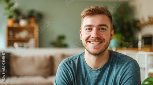 A young man with a beard and short hair smiling at the camera wearing a blue t-shirt sitting in a cozy plant-filled living room with a wooden shelf in the background. photo