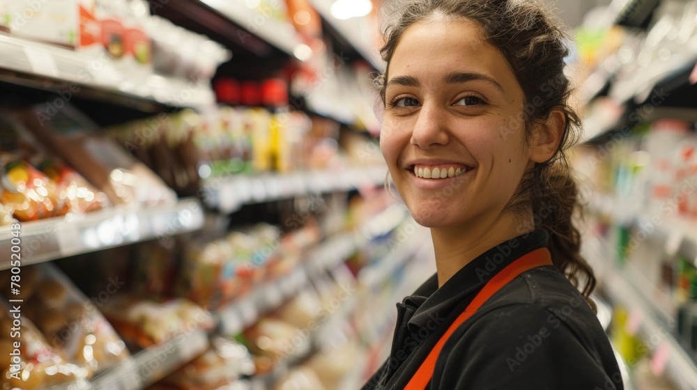 Smiling female supermarket employee in black shirt and red apron standing in front of well-stocked shelves.