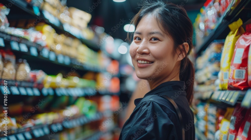 Smiling woman in a supermarket aisle surrounded by various packaged food items.