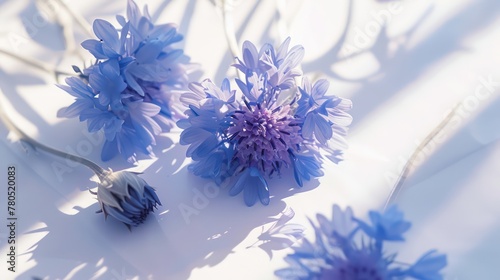 Blue summer flowers on white background with natural shadows. Generative AI