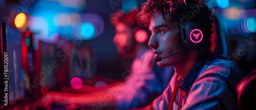Focused Gamer in Neon-Lit Esports Arena. Concept Gaming, Esports, Neon Lights, Intensity, Competitive Gaming