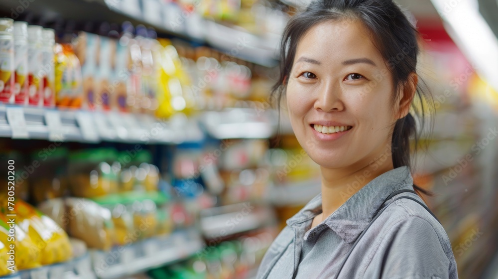 Smiling woman in a grocery store aisle with a variety of products.