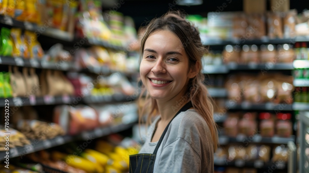 Smiling woman in apron standing in a well-stocked grocery store aisle with various food items on shelves.