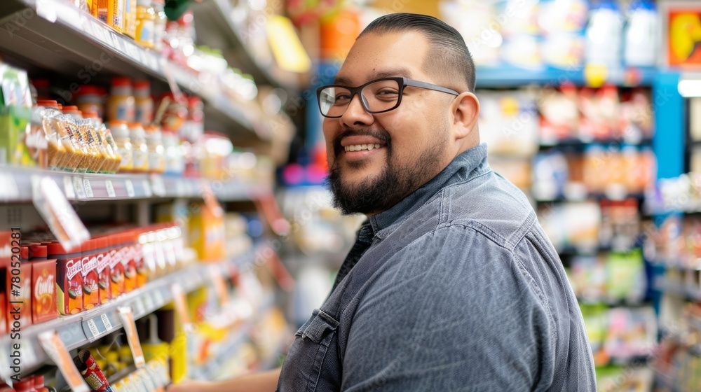 Smiling man in glasses wearing a blue shirt standing in a supermarket aisle with various products on shelves.