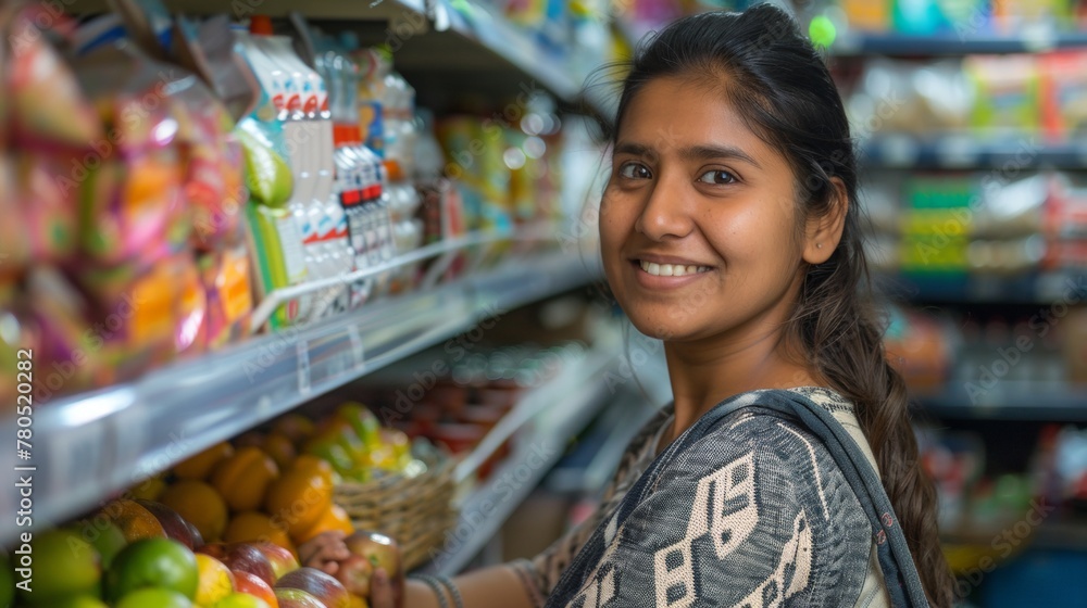 A smiling woman in a grocery store surrounded by a variety of fruits and packaged goods.