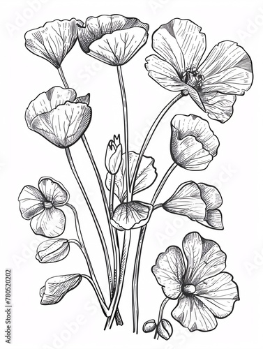 Detailed black and white hand-drawn illustration set of gotu kola Centella asiatica flower leaf in graphic style for labeling, packaging, or menu. Engraved design.