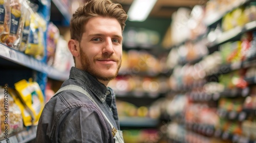 A young man with a beard wearing a denim shirt and suspenders standing in a grocery store aisle with a smile on his face.