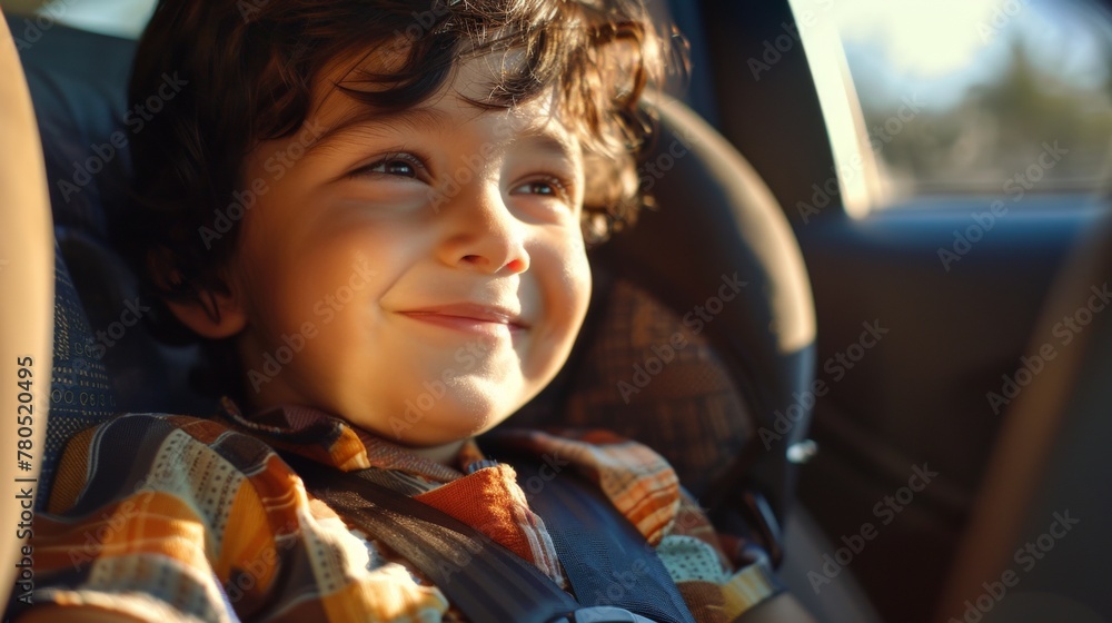 Young child with curly hair smiling in car seat looking out window with sunlight filtering through. Young child with curly hair smiling in car seat looking out window with sunlight filtering through.