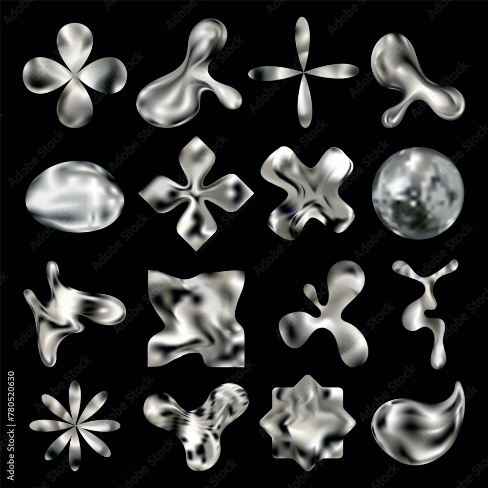 Y2K chrome elements collection for design.Vector set of simple geometric shapes with a shiny metallic effect. Abstract shapes in retro futurism aesthetics. 3D chrome elements Y2K chrome elements collection for design.Vector set of simple geometric shapes with a shiny metallic effect. Abstract shapes in retro futurism aesthetics. 3D chrome elements