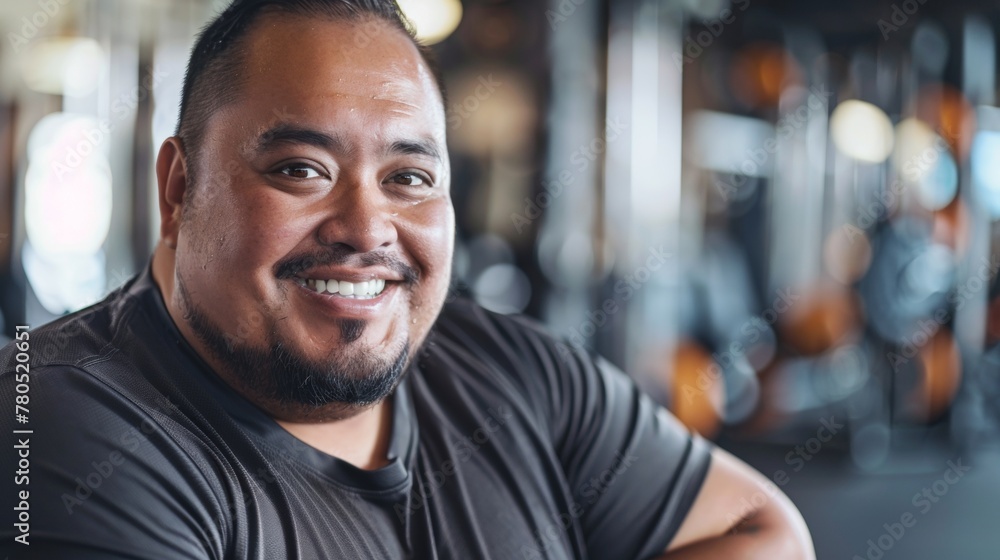 Smiling man with beard and mustache wearing black t-shirt posing in gym with blurred background of exercise equipment. Smiling man with beard and mustache wearing black t-shirt posing in gym with blurred background of exercise equipment.
