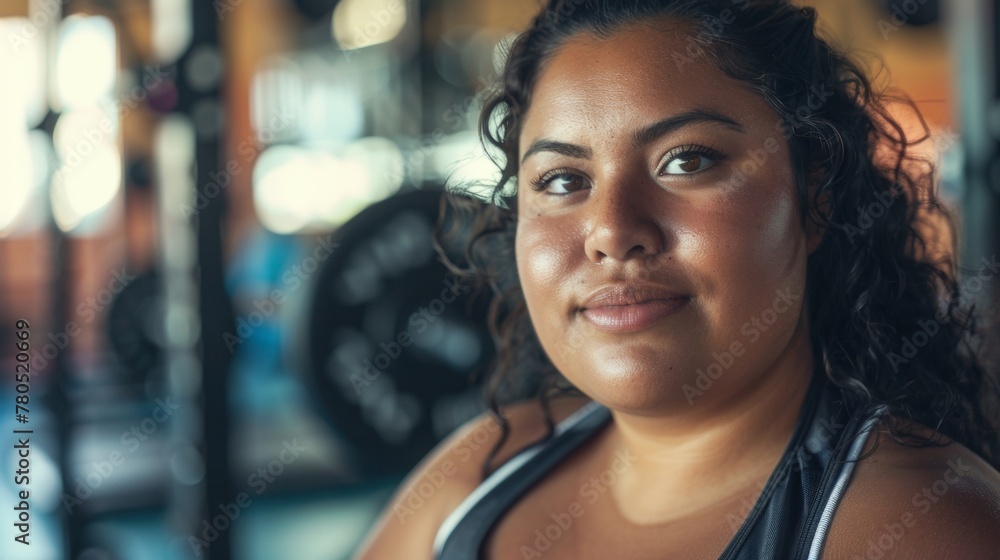 Obraz premium A woman with a radiant smile standing in a gym wearing a black tank top with her hair styled in loose waves and a background of gym equipment.