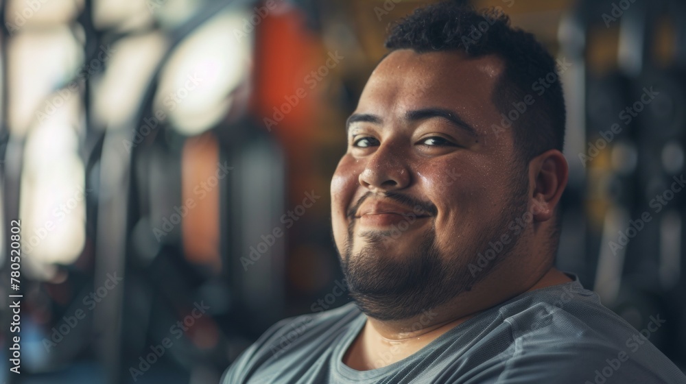 Fototapeta premium Smiling man with beard wearing gray shirt in gym setting with blurred background.