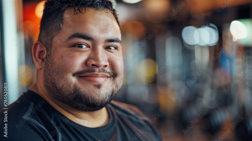 Smiling man with short beard wearing black shirt in gym setting with blurred background. Smiling man with short beard wearing black shirt in gym setting with blurred background.