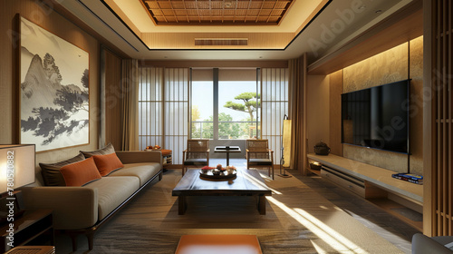 Big living area in luxury room or hotel, Japanese style decoration