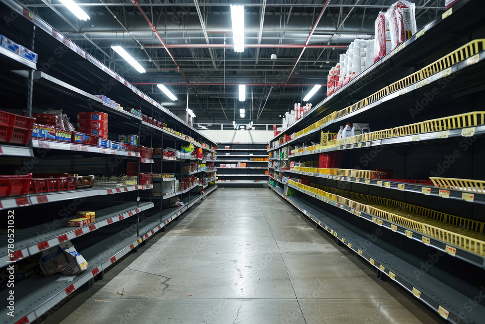 Empty shelves in a supermarket, concept of panic, crisis