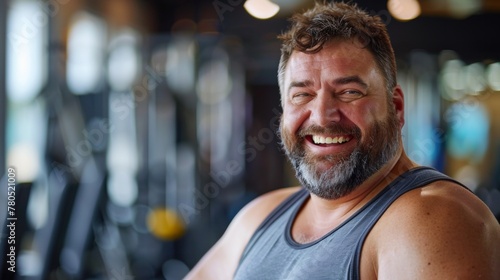 Smiling man with beard and gray hair wearing sleeveless tank top standing in gym with blurred equipment in background.