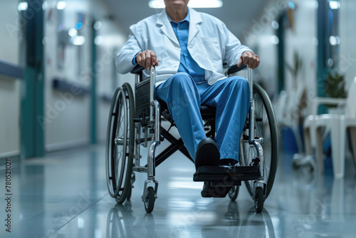Doctor with a disability in a wheelchair in a hospital corridor