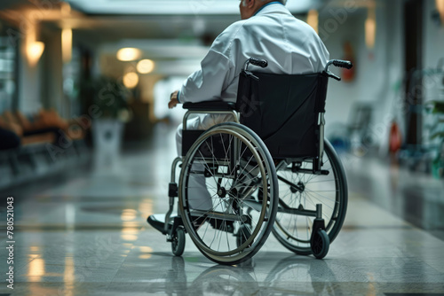 Doctor with a disability in a wheelchair in a hospital corridor
