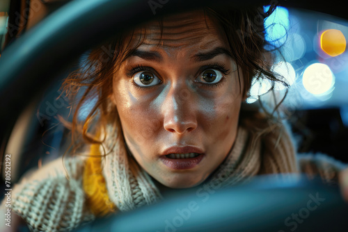 Scared frightened woman driver screaming