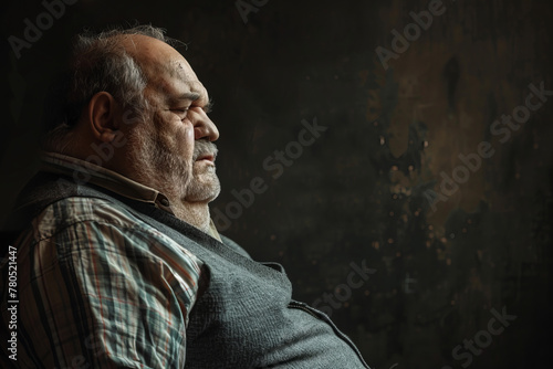 Old obese man looks stressed on dark background