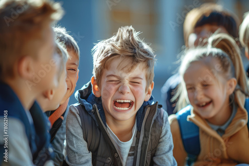 Suffering crying boy from bullying at school photo
