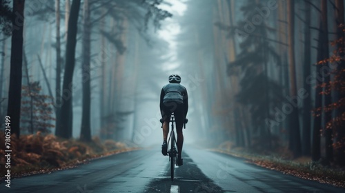 A lone cyclist pedaling down a misty autumnal forest road.