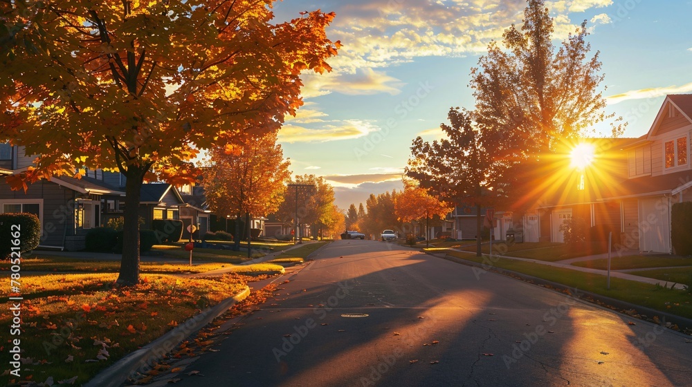 Tranquil residential road with homes and amber foliage during dusk.