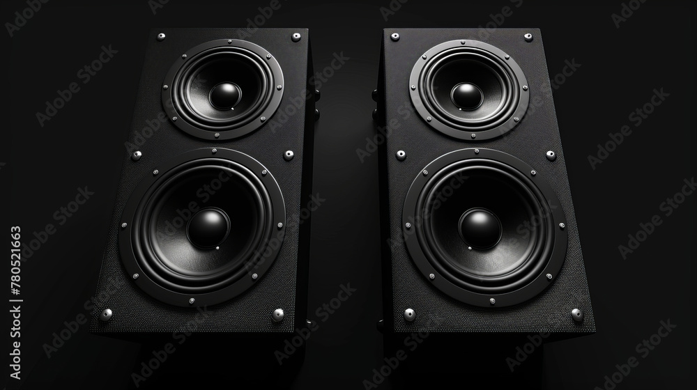Pair of black loud speakers isolated on dark background