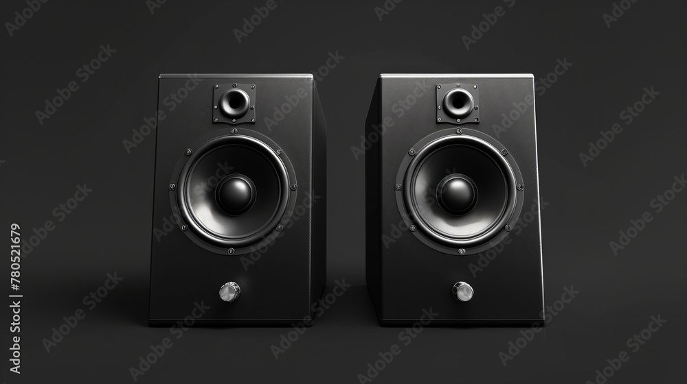Pair of black loud speakers isolated on dark background Pair of black loud speakers isolated on dark background