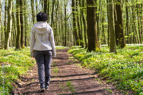 A woman walks along a path in a blooming spring forest