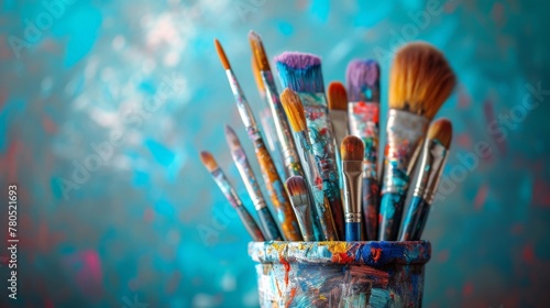 Assorted paint brushes in a decorative vase on a wooden table with a vibrant blue and red background
