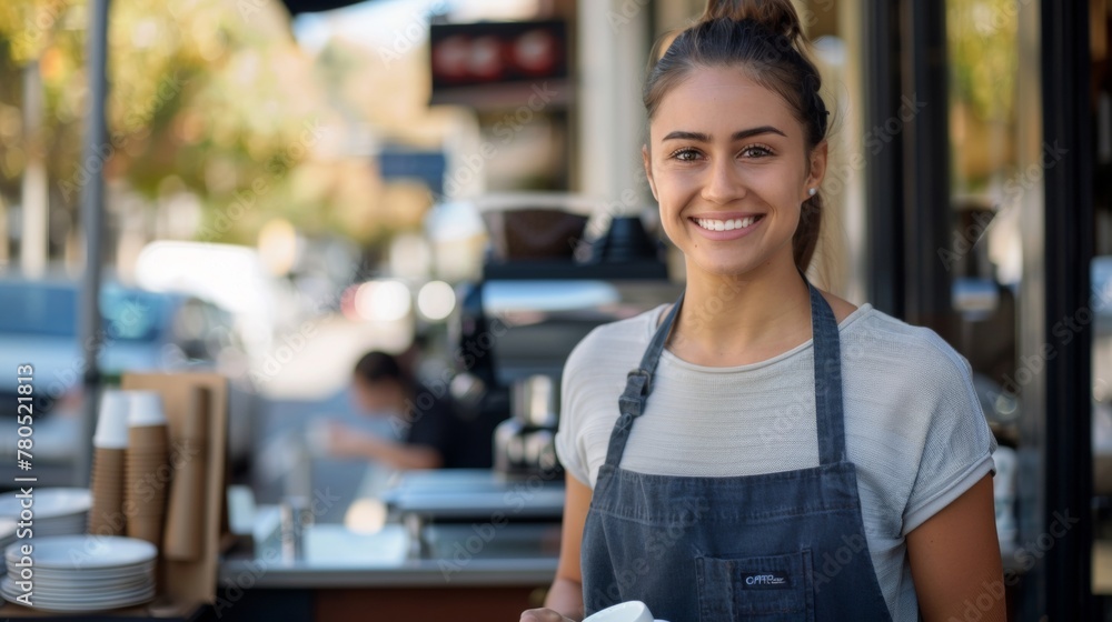 Smiling young woman in apron standing in front of a counter with plates and cups in a coffee shop setting.