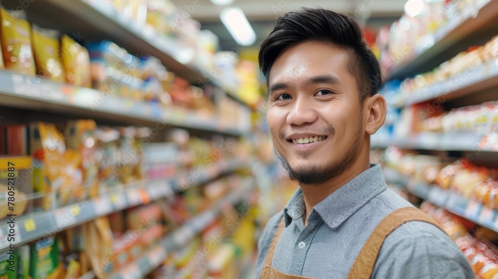 Smiling man in apron standing in a well-stocked grocery store aisle.