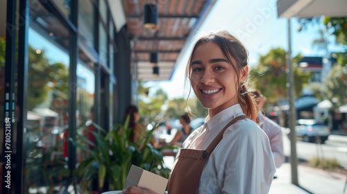 Smiling woman in white shirt and brown apron standing on sidewalk with potted plants and storefronts in background.
