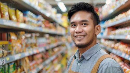 Smiling man in apron standing in a well-stocked grocery store aisle.