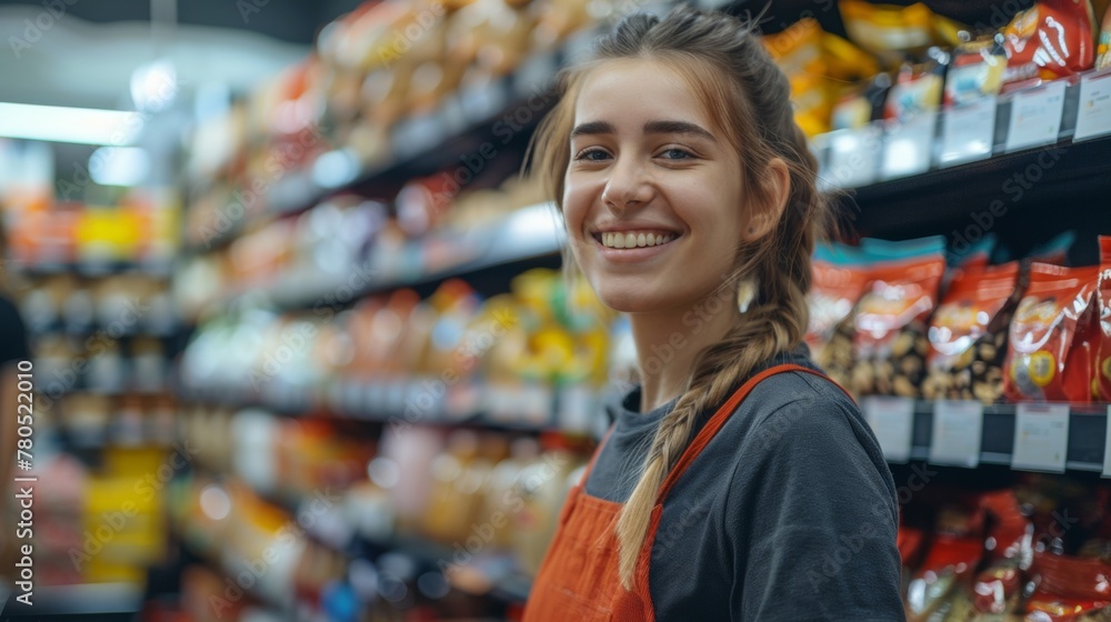A young woman with a smile wearing an orange apron standing in a grocery store aisle filled with various packaged food items.
